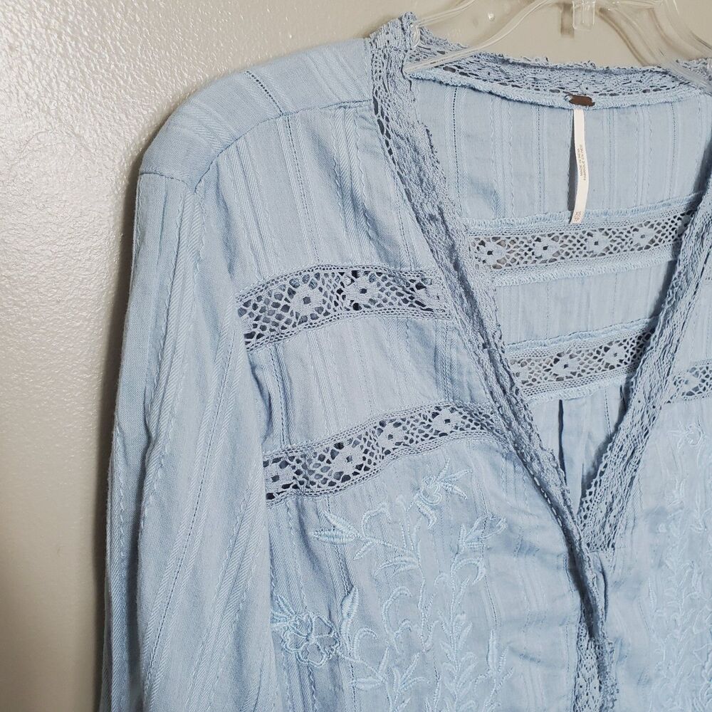 Free People Follow Your Heart Top Womens Size XS Dusty Blue Cropped Peasant - Picture 5 of 12